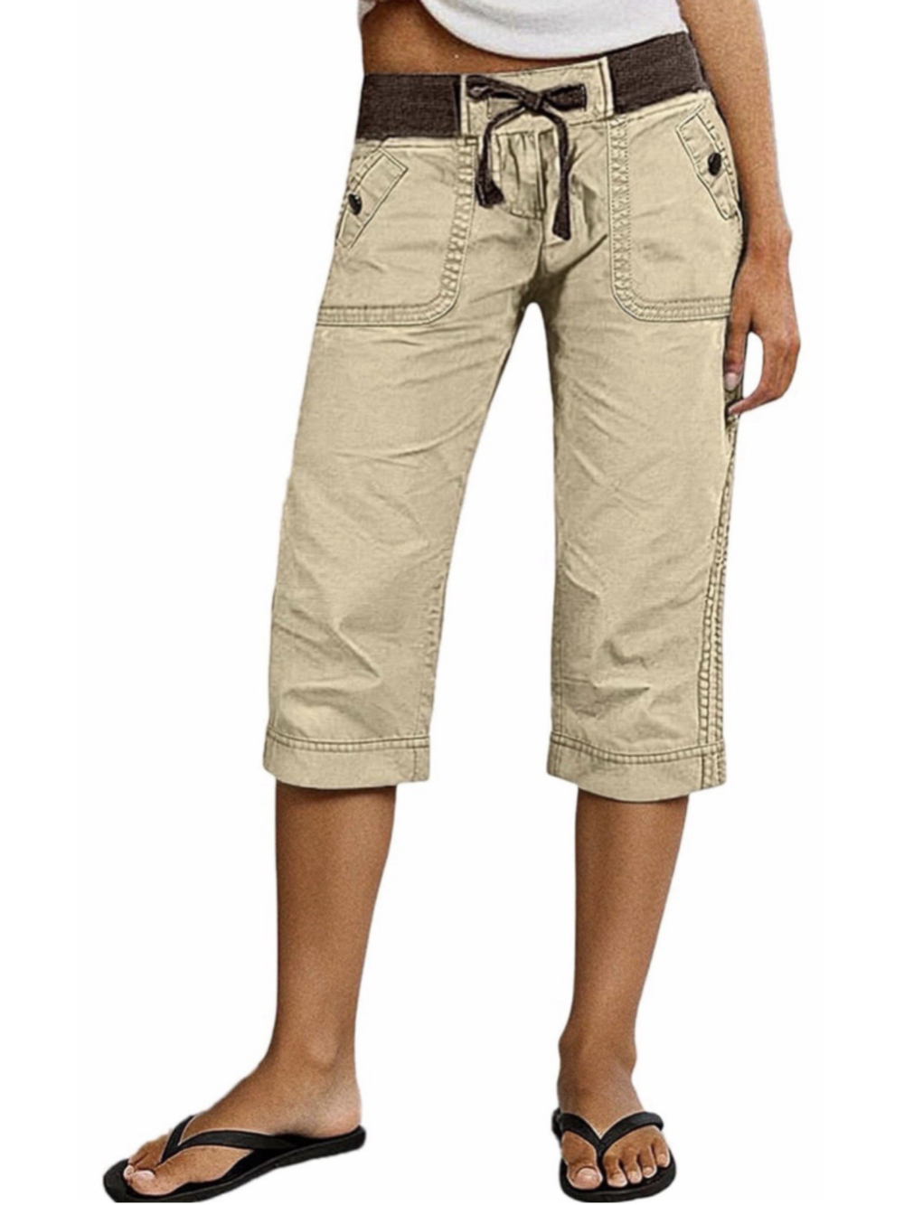 Flamingals Straight Leg High Waist Capri Pants Drawstring Button Decor Sz 3XL
